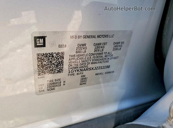 1GYKNARSXJZ211198 2018 CADILLAC XT5 Серебряный Вид наклейки с VIN-кодом