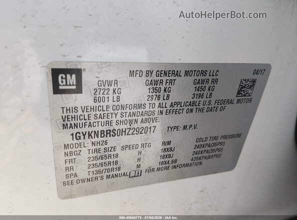 1GYKNBRS0HZ292017 2017 CADILLAC XT5 Белый Вид подкапотного пространства