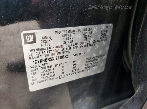 1GYKNBRS3JZ118822 2018 CADILLAC XT5 Black Вид наклейки з VIN-кодом