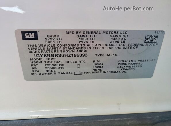 1GYKNBRS6HZ196893 2017 CADILLAC XT5 White Engine compartment view