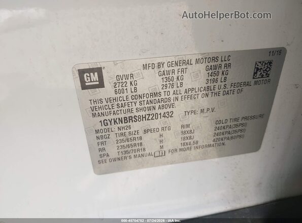 1GYKNBRS8HZ201432 2017 CADILLAC XT5 White Engine compartment view