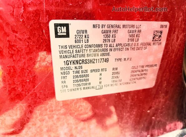 1GYKNCRS3HZ117749 2017 CADILLAC XT5 Red VIN կոդի պիտակի տեսք