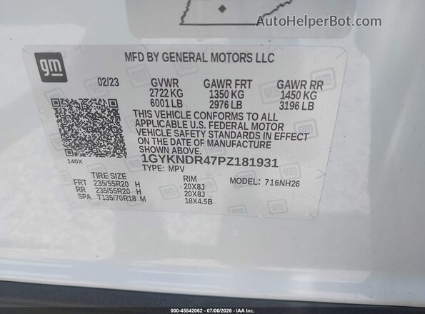 1GYKNDR47PZ181931 2023 CADILLAC XT5 Белый Вид подкапотного пространства