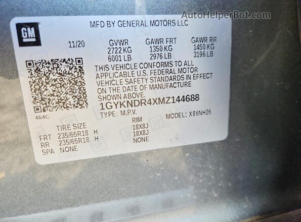 1GYKNDR4XMZ144688 2021 CADILLAC XT5 Silver VIN sticker view