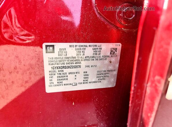 1GYKNDRS0HZ202876 2017 CADILLAC XT5 Красный Вид наклейки с VIN-кодом