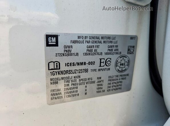 1GYKNDRS5JZ123788 2018 CADILLAC XT5 White Vista de la etiqueta del VIN