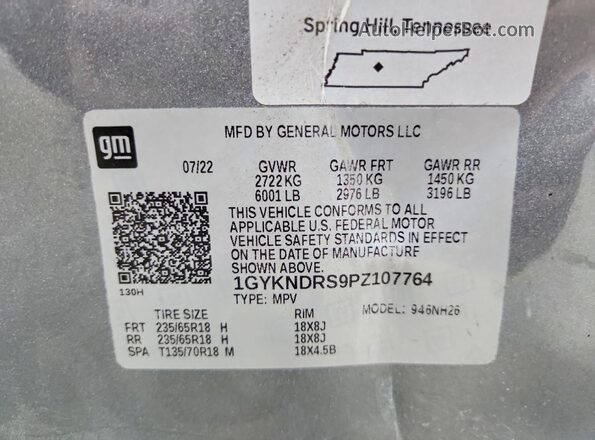 1GYKNDRS9PZ107764 2023 CADILLAC XT5 Gray Vista de la etiqueta del VIN