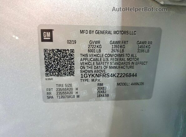 1GYKNFRS4KZ226844 2019 CADILLAC XT5 Silver Вид наклейки з VIN-кодом