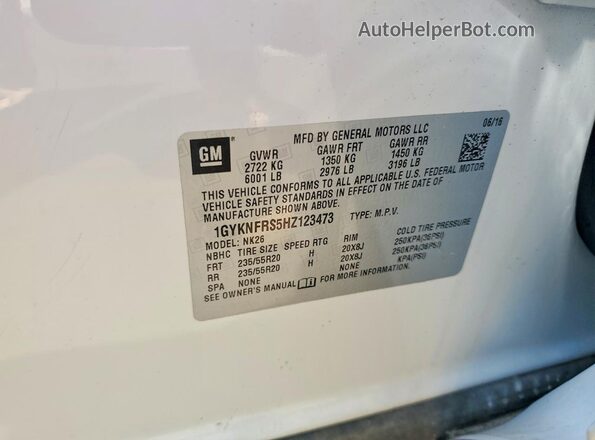 1GYKNFRS5HZ123473 2017 CADILLAC XT5 White VIN sticker view