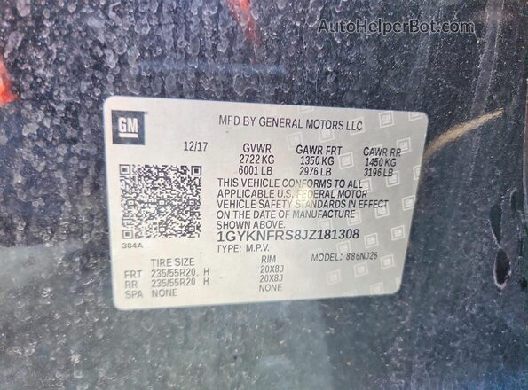 1GYKNFRS8JZ181308 2018 CADILLAC XT5 Black Вид наклейки з VIN-кодом