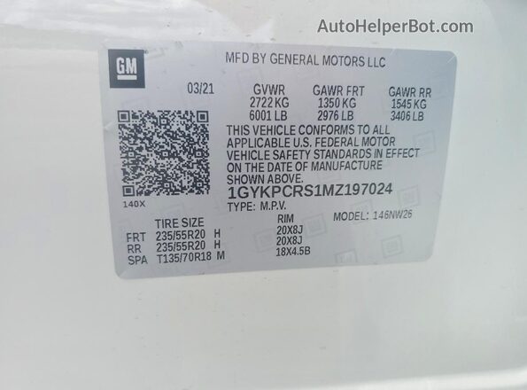 1GYKPCRS1MZ197024 2021 CADILLAC XT6 White Widok wnętrza 360 stopni