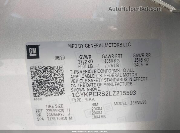 1GYKPCRS2LZ215593 2020 CADILLAC XT6 Silver Вид підкапотного простору