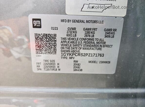 1GYKPCRS2PZ171763 2023 CADILLAC XT6 Серый Вид наклейки с VIN-кодом