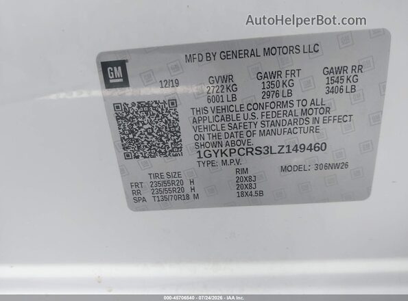 1GYKPCRS3LZ149460 2020 CADILLAC XT6 White ძრავის განყოფილების ხედი
