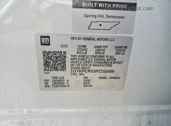 1GYKPCRS3PZ152459 2023 CADILLAC XT6 White Вид наклейки з VIN-кодом