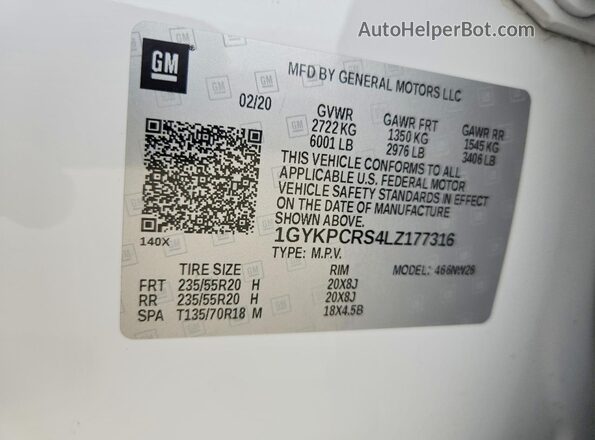 1GYKPCRS4LZ177316 2020 CADILLAC XT6 Белый Вид подкапотного пространства