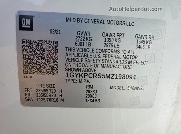 1GYKPCRS5MZ198094 2021 CADILLAC XT6 Белый Панорамный вид салона 360°