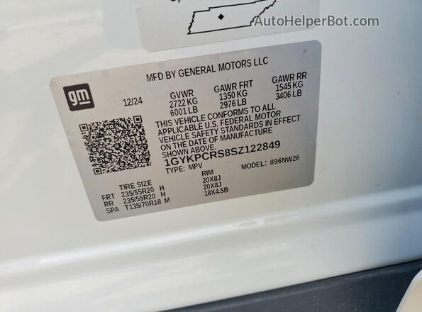 1GYKPCRS8SZ122849 2025 CADILLAC XT6 White Vista de la etiqueta del VIN