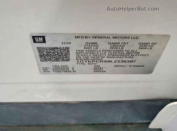 1GYKPCRS9LZ136387 2020 CADILLAC XT6 Белый Вид наклейки с VIN-кодом