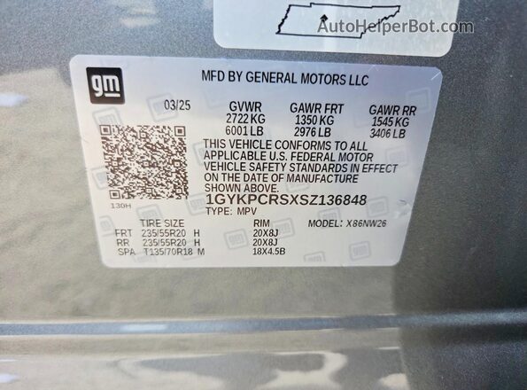 1GYKPCRSXSZ136848 2025 CADILLAC XT6 Серебряный Вид наклейки с VIN-кодом