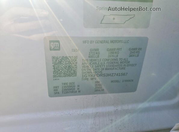 1GYKPDRS3RZ741567 2024 CADILLAC XT6 White Widok naklejki z numerem VIN