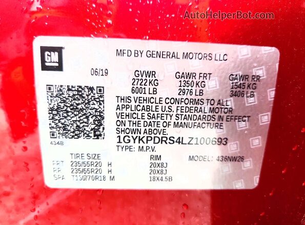 1GYKPDRS4LZ100693 2020 CADILLAC XT6 Red Vista de la etiqueta del VIN