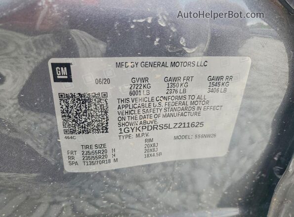 1GYKPDRS5LZ211625 2020 CADILLAC XT6 Silver Vista de la etiqueta del VIN