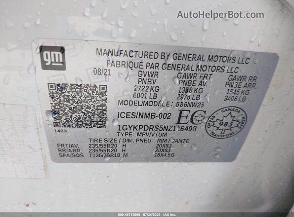 1GYKPDRS5NZ116498 2022 CADILLAC XT6 White Вид підкапотного простору