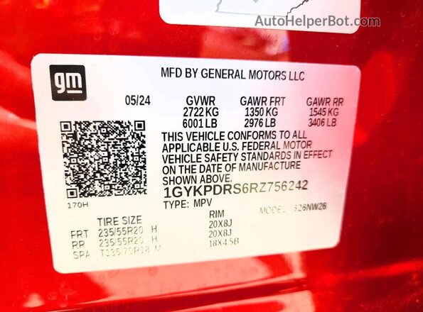1GYKPDRS6RZ756242 2024 CADILLAC XT6 Red Vista de la etiqueta del VIN