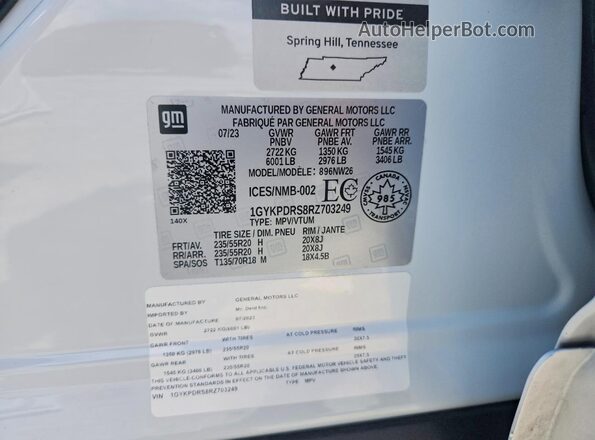 1GYKPDRS8RZ703249 2024 CADILLAC XT6 Белый Вид наклейки с VIN-кодом
