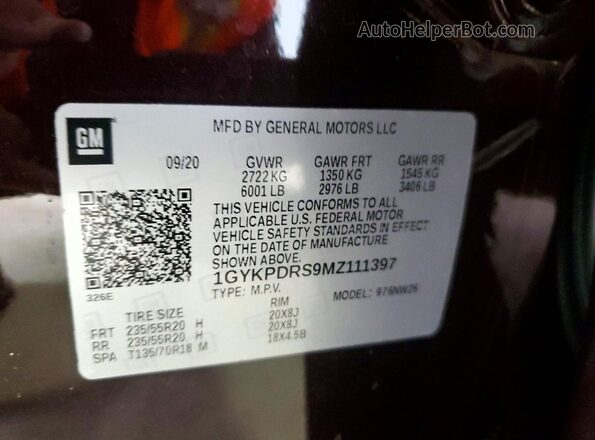 1GYKPDRS9MZ111397 2021 CADILLAC XT6 Burgundy Vista de la etiqueta del VIN