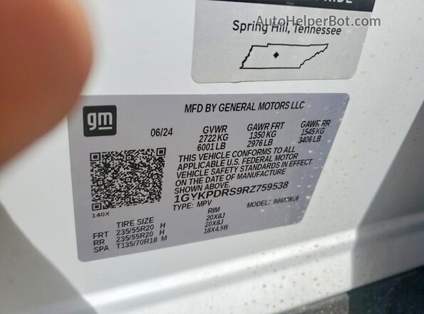 1GYKPDRS9RZ759538 2024 CADILLAC XT6 White VIN კოდის სტიკერის ხედი