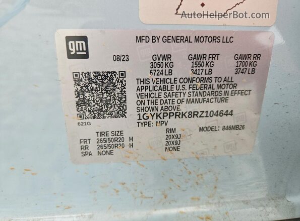 1GYKPPRK8RZ104644 2024 CADILLAC OTHER Turquoise Вид наклейки з VIN-кодом