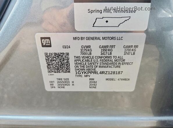 1GYKPPRL4RZ128187 2024 CADILLAC OTHER Silver Widok naklejki z numerem VIN