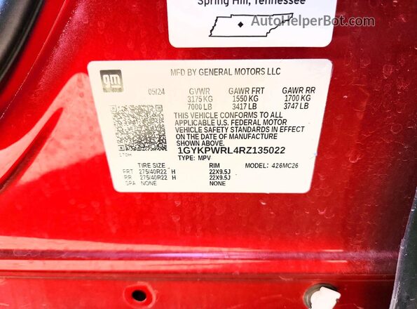 1GYKPWRL4RZ135022 2024 CADILLAC OTHER Red Vista del compartimento del motor