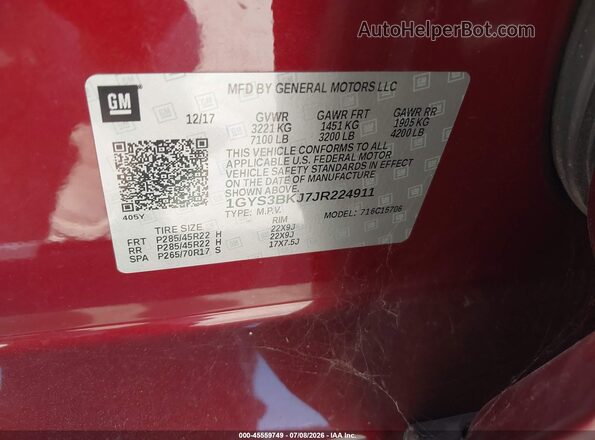 1GYS3BKJ7JR224911 2018 CADILLAC ESCALADE Burgundy Engine compartment view