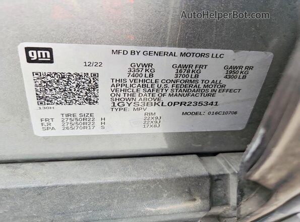 1GYS3BKL0PR235341 2023 CADILLAC ESCALADE Silver Widok naklejki z numerem VIN