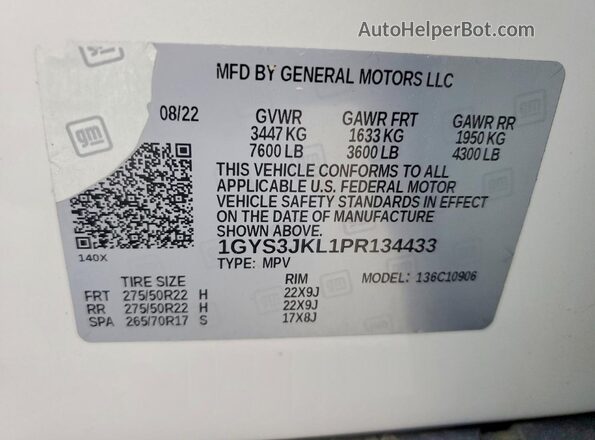1GYS3JKL1PR134433 2023 CADILLAC ESCALADE White Панорамний вид салону 360°
