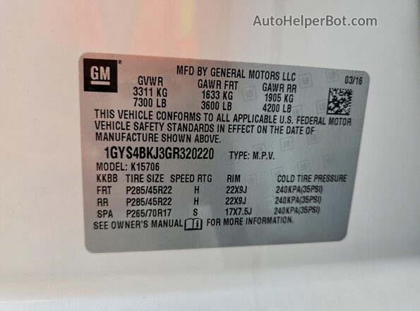 1GYS4BKJ3GR320220 2016 CADILLAC ESCALADE Белый Вид наклейки с VIN-кодом