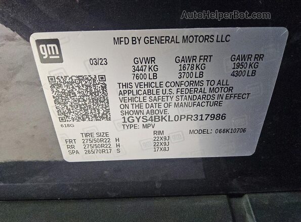 1GYS4BKL0PR317986 2023 CADILLAC ESCALADE Charcoal Widok naklejki z numerem VIN