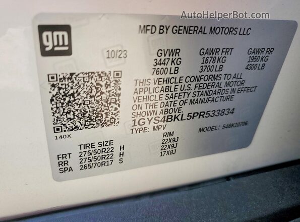 1GYS4BKL5PR533834 2023 CADILLAC ESCALADE White Widok naklejki z numerem VIN
