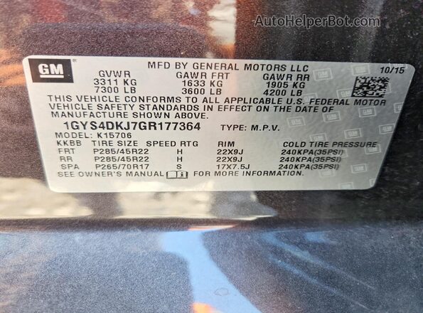 1GYS4DKJ7GR177364 2016 CADILLAC ESCALADE Gray Vista de la etiqueta del VIN