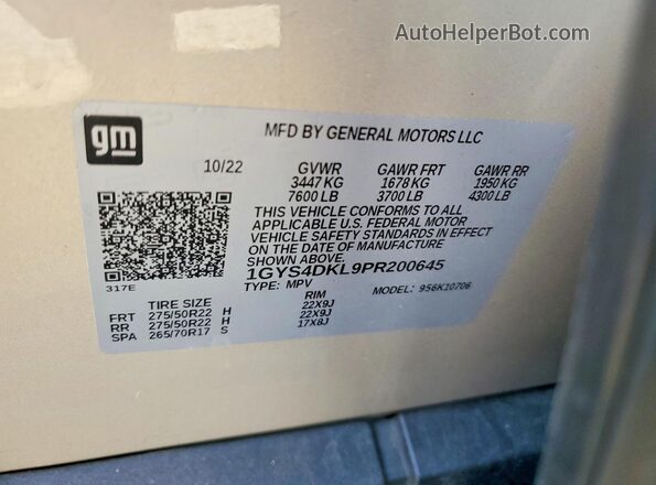 1GYS4DKL9PR200645 2023 CADILLAC ESCALADE Beige Widok naklejki z numerem VIN