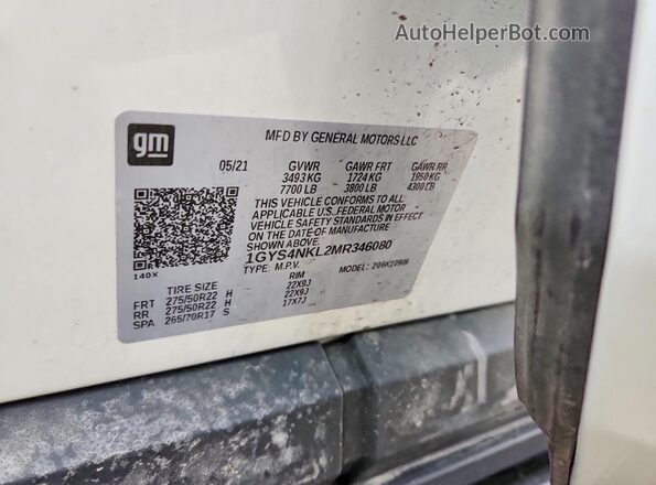 1GYS4NKL2MR346080 2021 CADILLAC ESCALADE White VIN კოდის სტიკერის ხედი