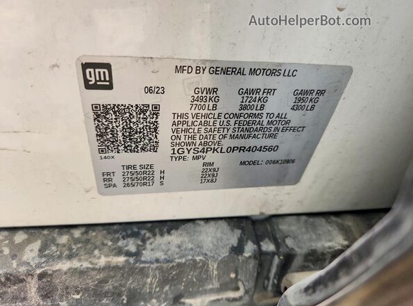 1GYS4PKL0PR404560 2023 CADILLAC ESCALADE White Widok naklejki z numerem VIN