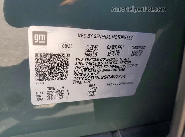 1GYS9BRL8SR407774 2025 CADILLAC ESCALADE Green VIN კოდის სტიკერის ხედი