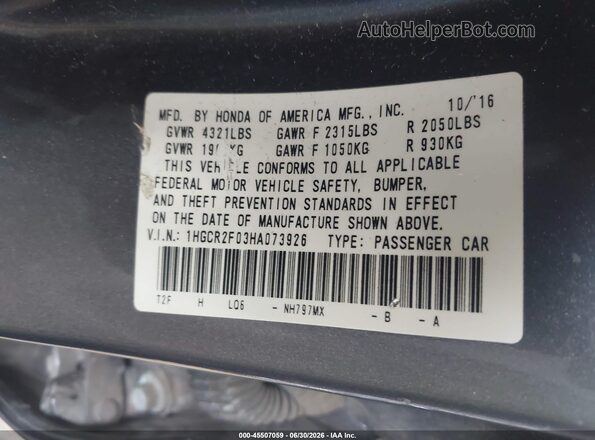 1HGCR2F03HA073926 2017 HONDA ACCORD Gray Engine compartment view