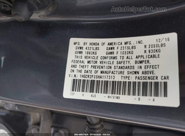 1HGCR2F05HA117313 2017 HONDA ACCORD Gray Вид підкапотного простору