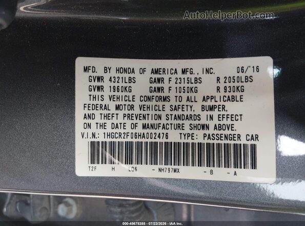 1HGCR2F06HA002476 2017 HONDA ACCORD Серый Вид подкапотного пространства