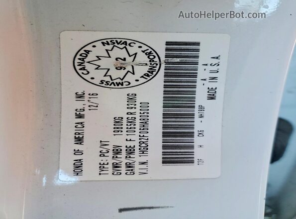 1HGCR2F06HA805000 2017 HONDA ACCORD White Вид наклейки з VIN-кодом